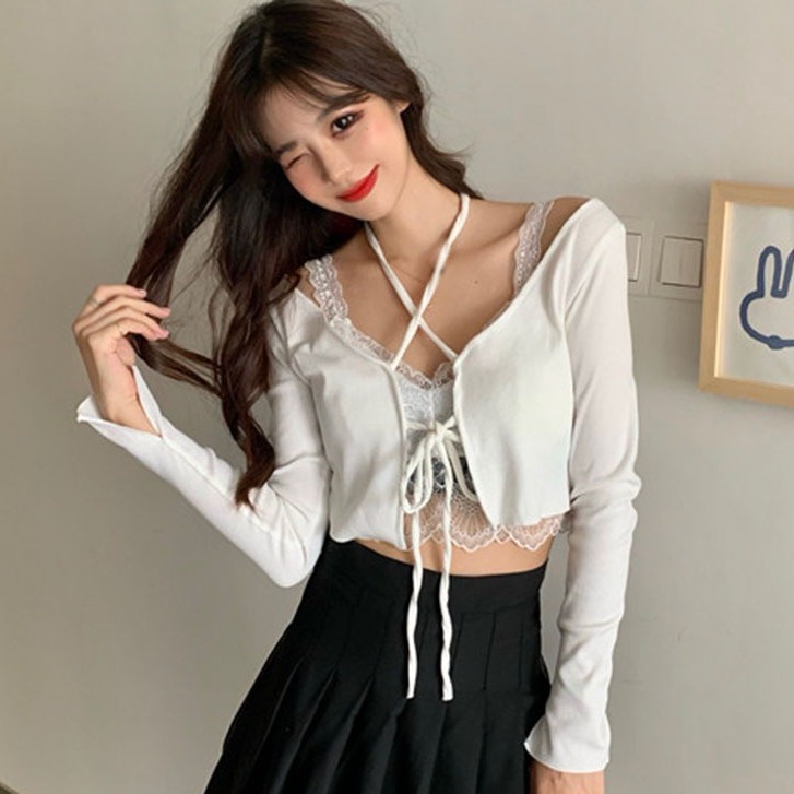 Áo Cardigan Tay Dài Màu Trơn Phối Nơ Thiết Kế Ôm Sát Tôn Dáng