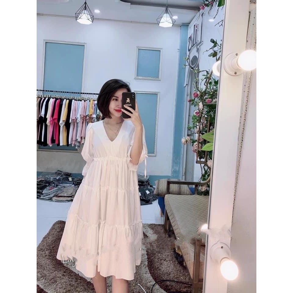 Váy bầu trắng dáng babydoll xếp bèo tầng- Đầm bầu tay cách điệu sang chảnh mặc đi làm đi chơi đều đẹp V272