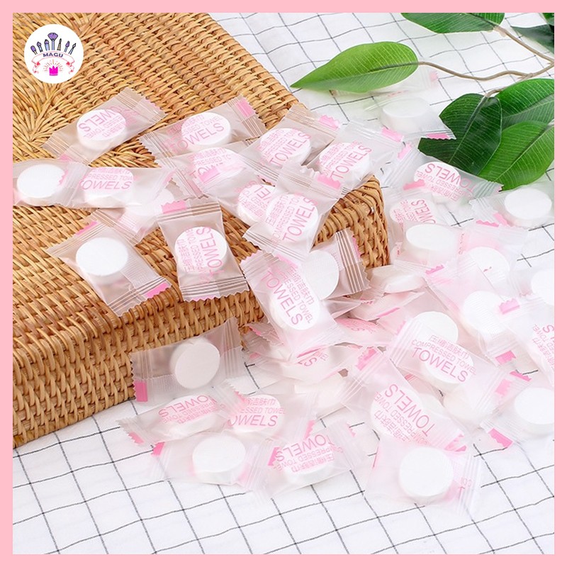 Gói 100 viên khăn giấy nén Towels hình viên kẹo đa năng 100% chất liệu tự nhiên, an toàn - Khăn nén dùng 1 lần mã MFY100