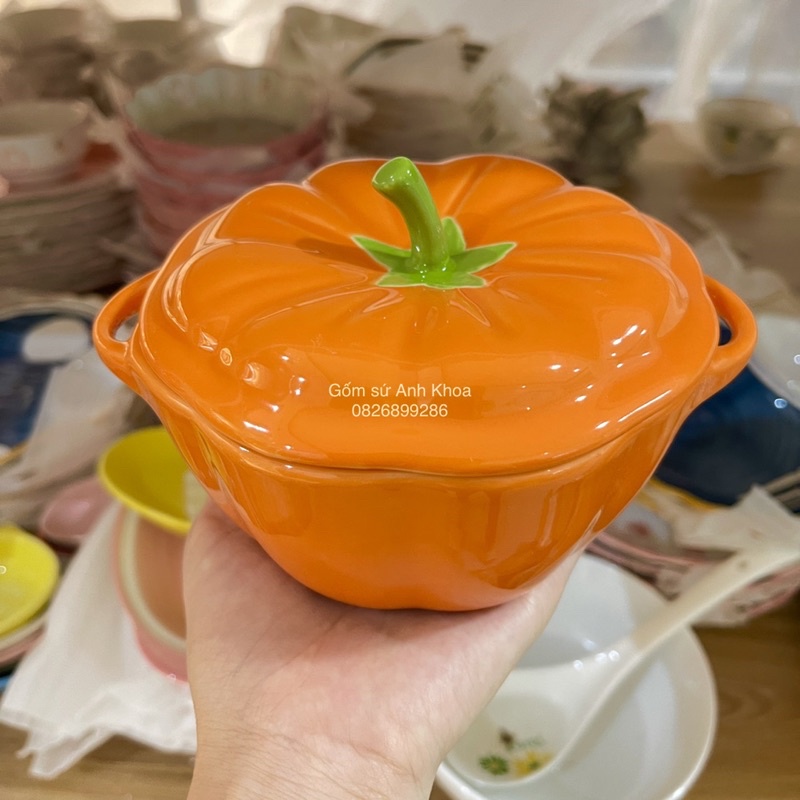 Bộ chén dĩa sứ Bát ăn cơm Đĩa sưd Dễ thương Decor cao cấp Bát tô hình quả bí siêu đáng yêu