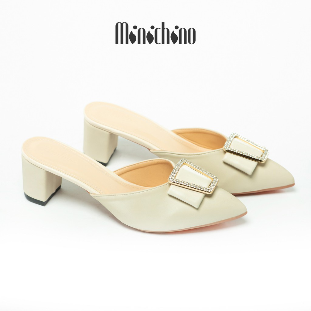 Giày sục nữ gót cao 5cm MINICHINO mũi nhọn da mềm hở gót, khoá thoi thời trang đế vuông màu kem TC004 - Hàng nhập khẩu