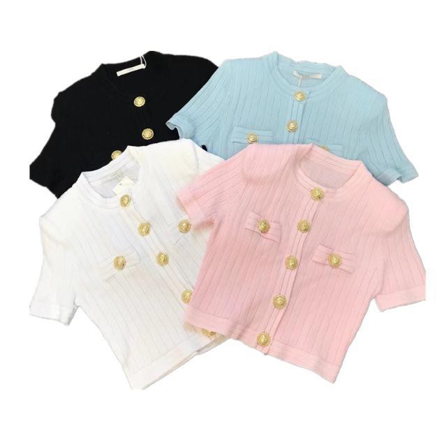 nút kim loại gió thơm nhỏ dệt cardigan ngắn tay áo thun mỏng hàng đầu của phụ nữ khoác lụa băng