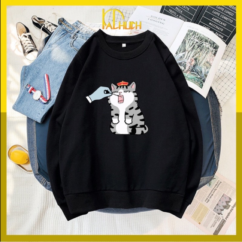 Áo sweater cặp nam nữ in mèo lấy mẫu lạ mắt, 2 màu đen trắng size từ 40-80kg