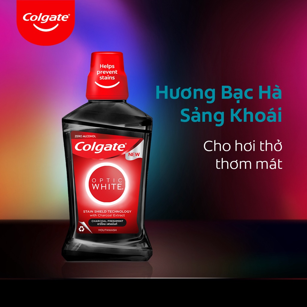 01 Nước súc miệng Colgate trắng răng Optic White than hoạt tính bạc hà the mát 500ml/chai