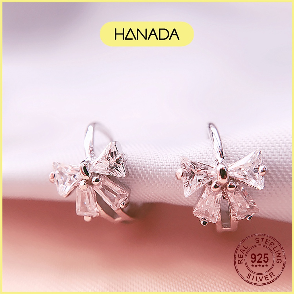 Khuyên Tròn Bạc 925 Hanada Bông Tai Tròn Bấm Bật Nơ Đính Đá Tiểu Thư 1014 D1