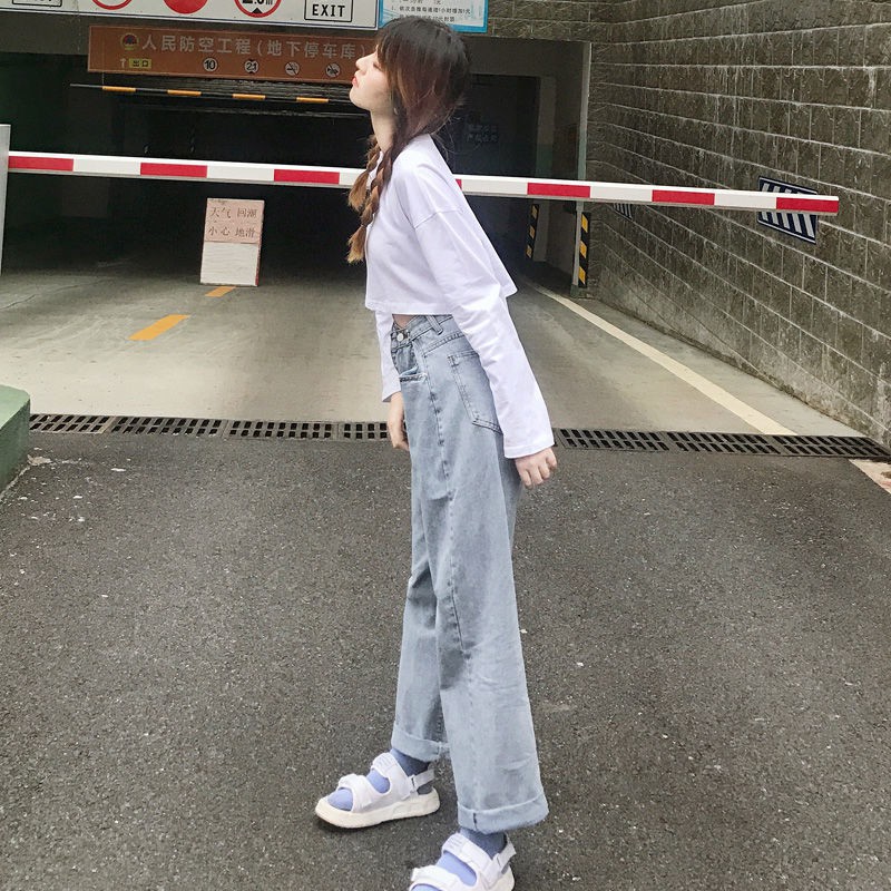 LEEVA - Quần jeans nữ dài ống suông phối nút gài eo Q035
