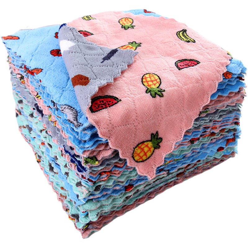 Set 10 Khăn Lau 2 Mặt Họa Tiết Hoa Quả 25x25cm Siêu Thấm Hút Nước - Khăn Lau Lông Cừu San Hô Siêu Thấm