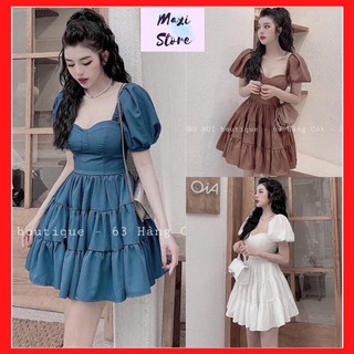 Váy babydoll dáng xoè , đầm tay bồng cổ vuông tiểu thư