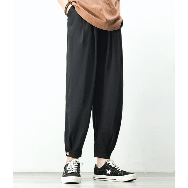 Quần Baggy Nam AROTI Ống Suông Rộng Vải Cotton Lụa Đẹp Cao Cấp,Co Giãn Dáng Âu,Cạp Chun,Màu Đen,Tiện Mặc Đi Học  QV46-D