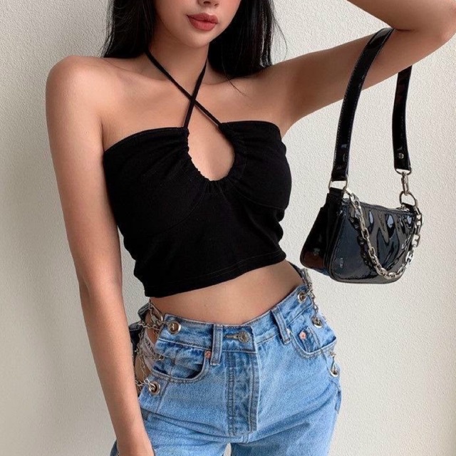 Áo croptop ống khoen tròn ngực dây yếm cổ Tôn dáng A90- 140 -3M FIORI STORE