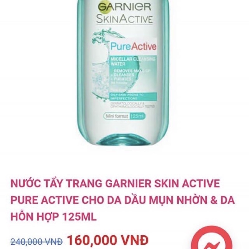 Nước tẩy trang lành tính Garnier Micellar Cleansing Water 125ml