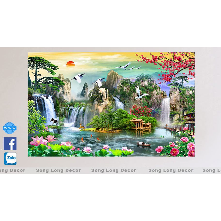 Tranh dán tường 3d Sơn Thủy Hữu Tình - M189 Tranh 3D Phong Thủy - Song Long Decor