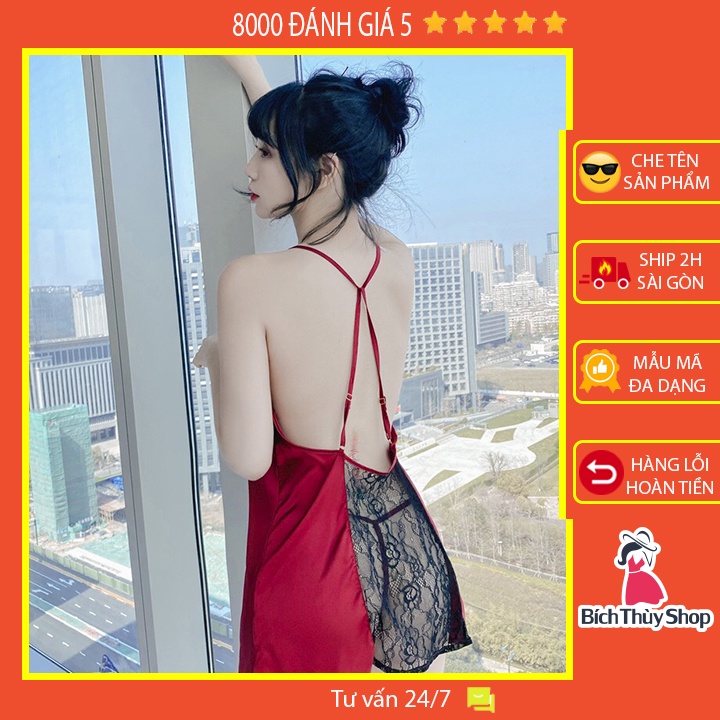 Váy ngủ phi lụa hở lưng dây yếm sau phối ren gợi cảm