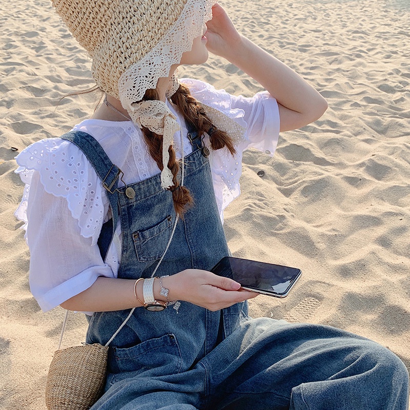 Quần Yếm Jean Dài Eo Cao Dáng Rộng Phong Cách Hàn Quốc Thời Trang Xuân Thu 2022