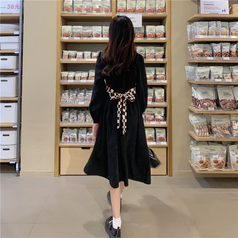 Đầm Nữ Giả Hai Lớp Thắt Lưng Họa Tiết Caro Phong Cách Hàn Quốc Thời Trang