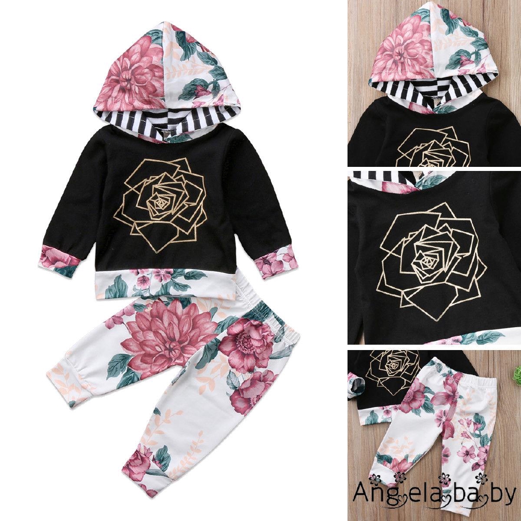 Set Áo Hoodie + Quần Dài In Hoa Dễ Thương Cho Bé Gái