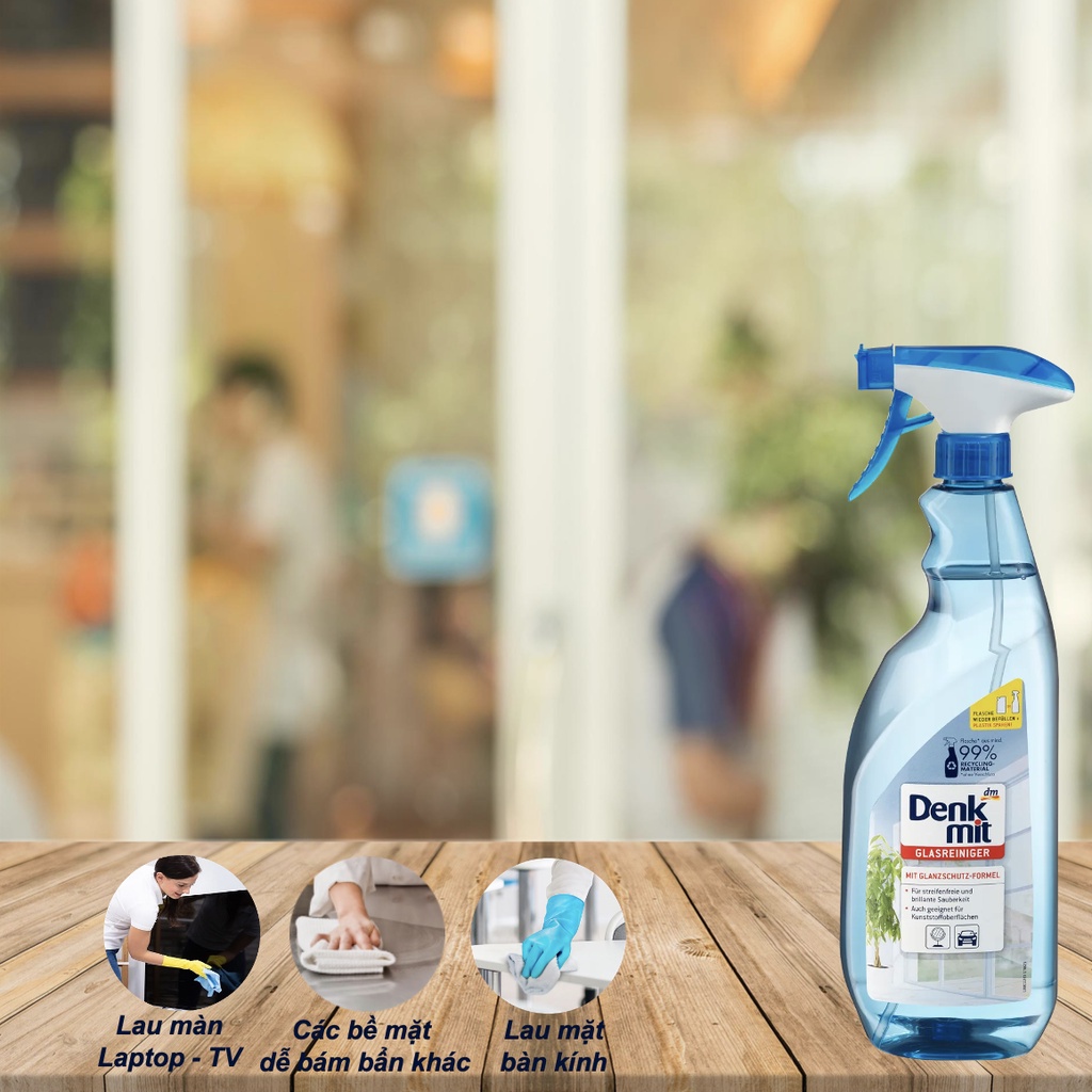 Nước lau kính Denkmit nhập khẩu Đức xịt tẩy vết ố mốc lâu ngày trên cửa kính kiếng chai 1 lít