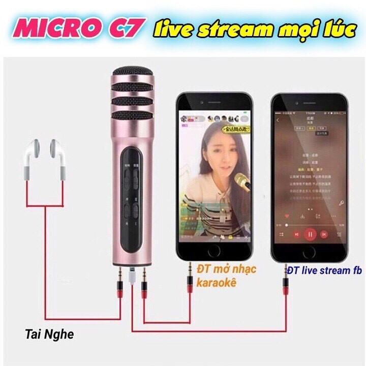 Mic thu âm C7 tích hợp 3 in 1 hát livestream , thu âm , karaoke ngoài ra 1 tặng tai nghe