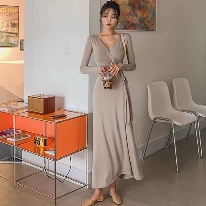 COZOK Đầm Tay Dài Dáng Ôm Chiết Eo Phong Cách Thời Trang Hàn Quốc
