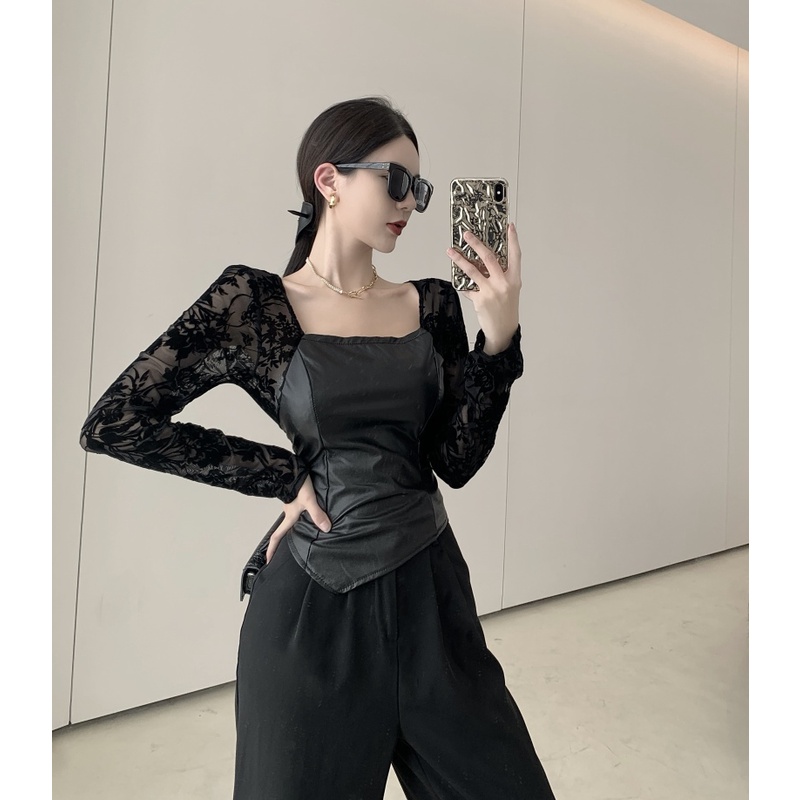 Áo kiểu tay dài cổ vuông phối ren thời trang mùa thu dễ phối đồ