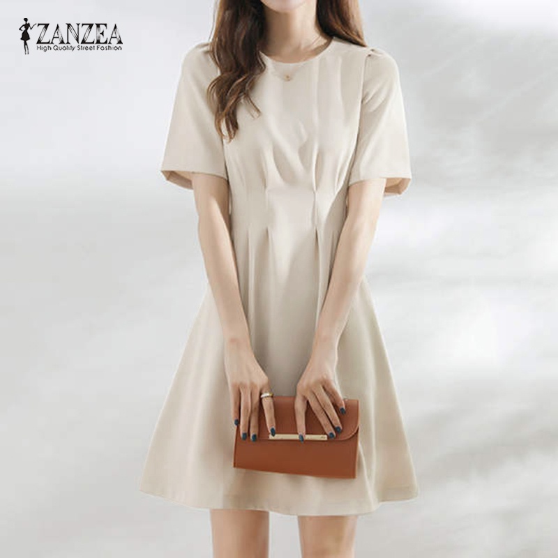 Đầm Zanzea dài ngang gối tay ngắn cổ tròn phong cách Hàn Quốc thanh lịch dành cho nữ