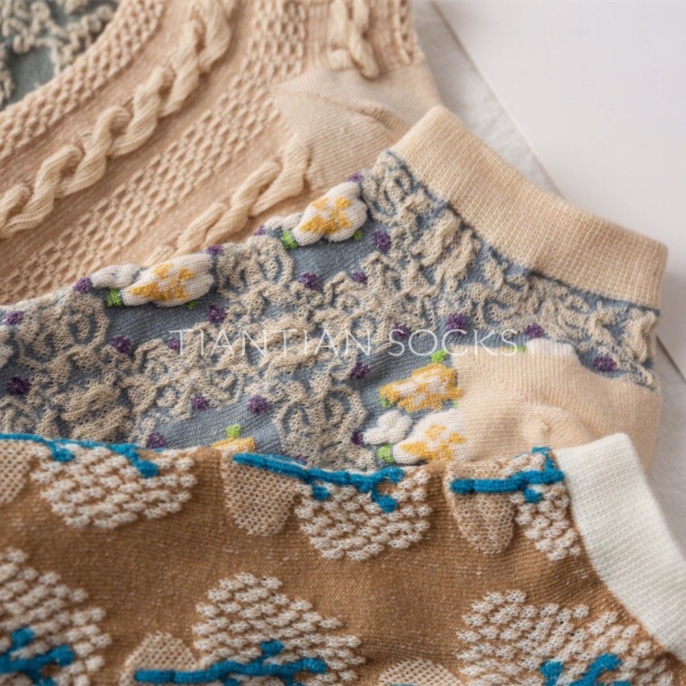 TIAN TIAN T156 Vớ Thuyền Cotton Thêu Nổi Ba Chiều Cổ Điển Phong Cách Hoàng Gia Nhật Bản Dễ Thương Thời Trang Xuân Hè Cho Nữ Dễ Phối Đồ