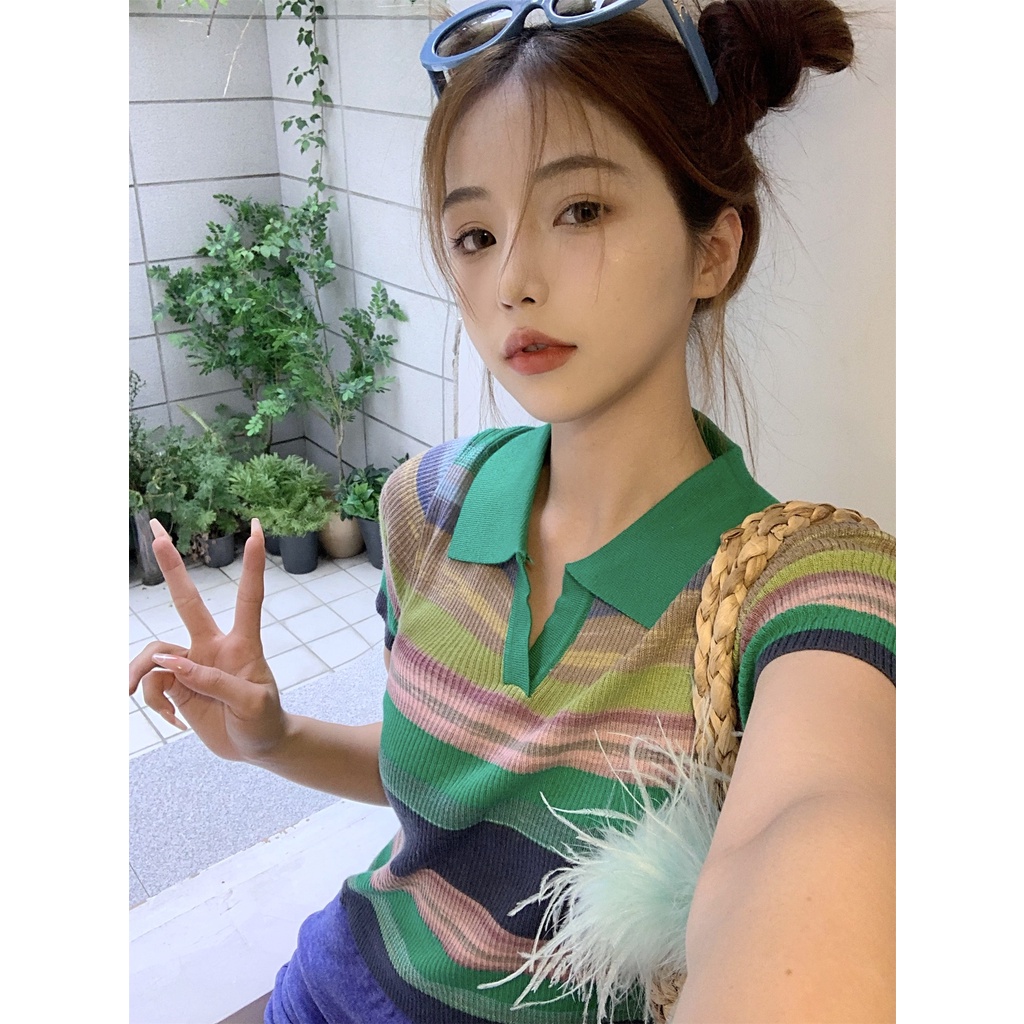 Porozi  Áo polo  ngắn tay họa tiết kẻ sọc thời trang Hàn Quốc cho nữ