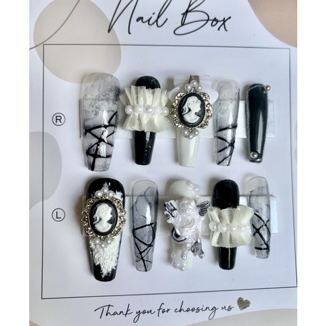 Nailbox móng úp dán thiết kế charm cô gái vintage mix nơ bèo nhún