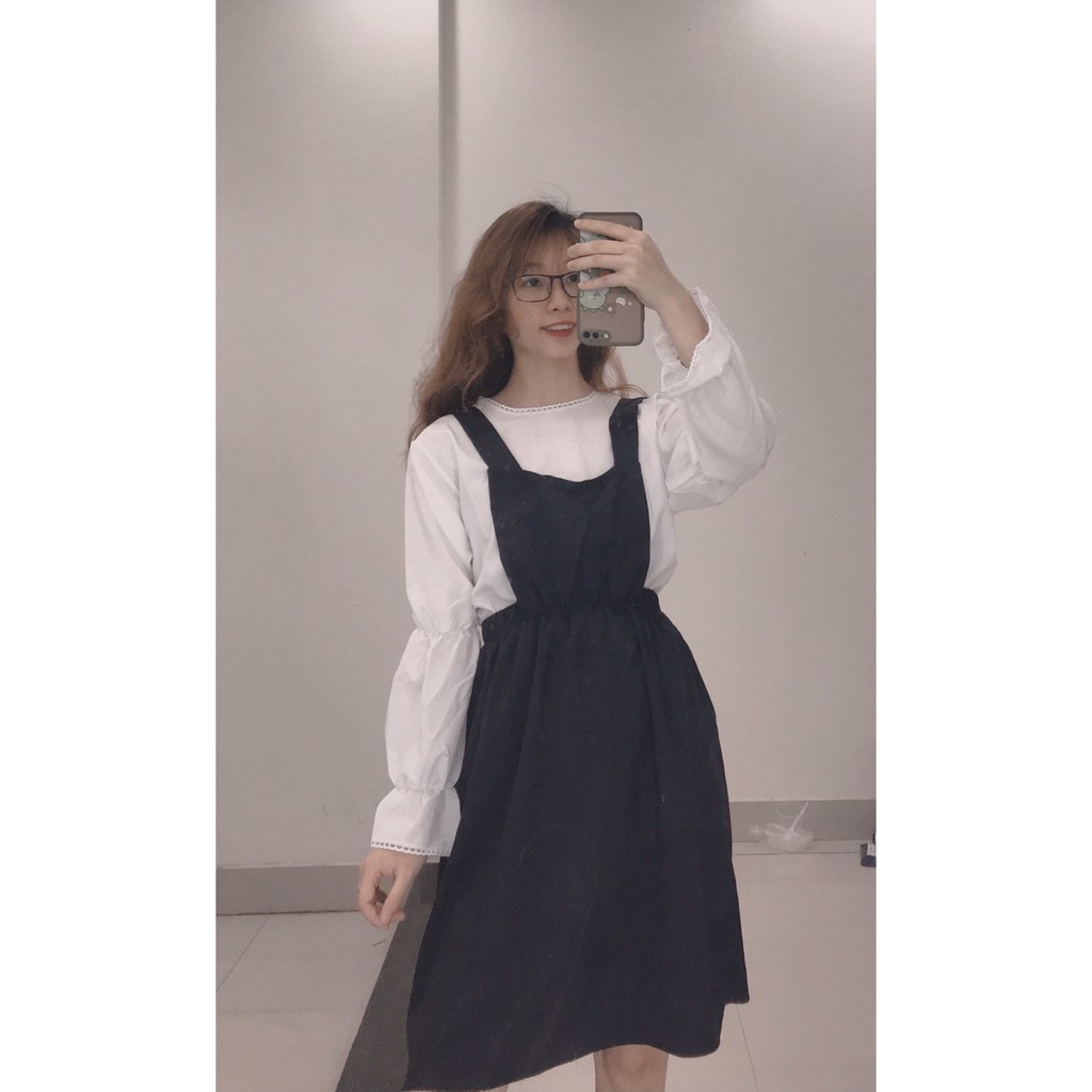 Sét váy yếm chun eo kèm sơ mi trắng chun tay dễ thương (kèm video/ảnh thật) Xưởng Sỉ Nguyễn Hoa