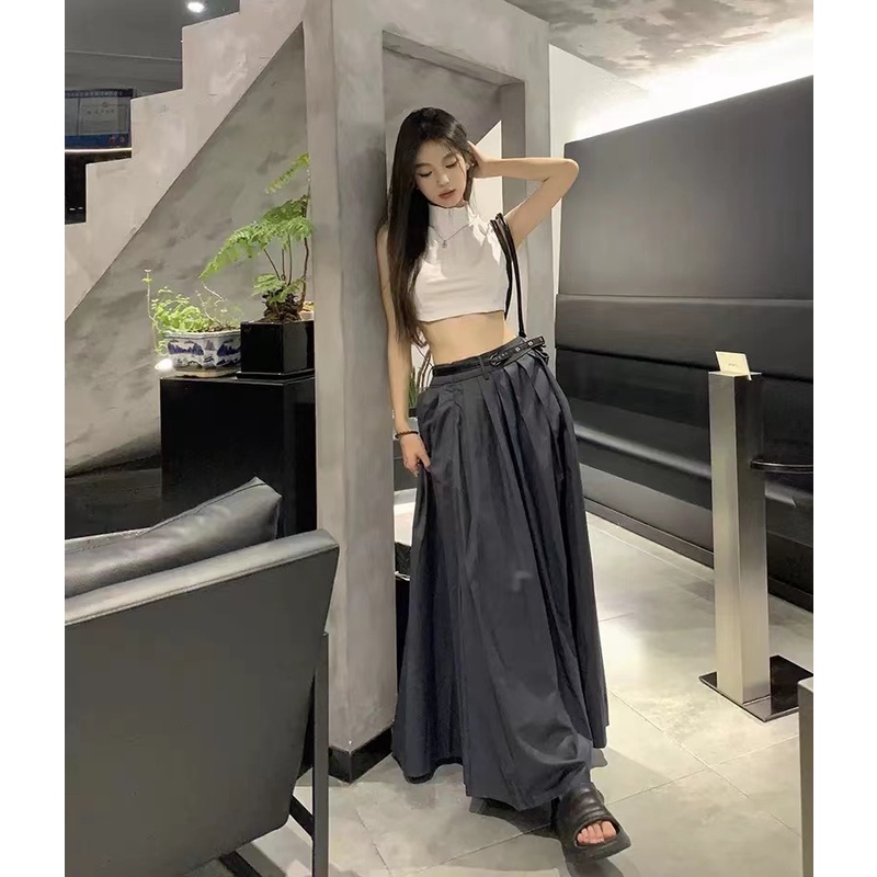 Honypove Chân Váy Xếp Ly Lưng Thấp Màu Xám Ngọt Ngào Phong Cách Retro Hợp Thời Trang