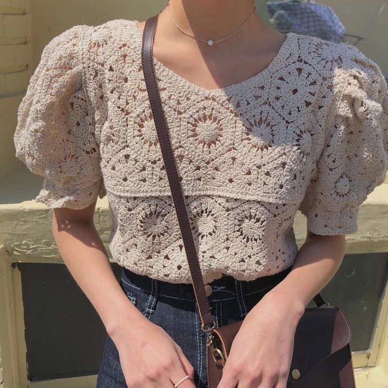 Áo Dệt Kim Tay Phồng Cổ Chữ V Dáng Ôm Thời Trang Cho Nữ