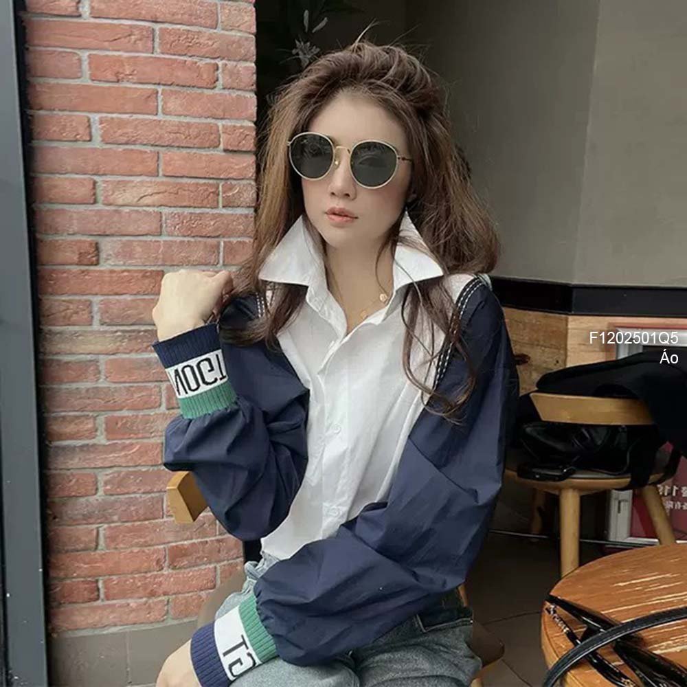 Áo sơ mi thô trắng một túi phối tay dài xanh bo chữ!