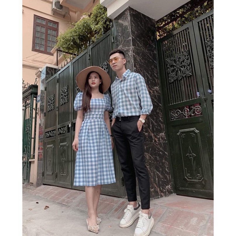 Đồ đôi nam nữ đẹp đi du lịch, chụp hình cưới: Set áo váy sơ mi Hàn Quốc