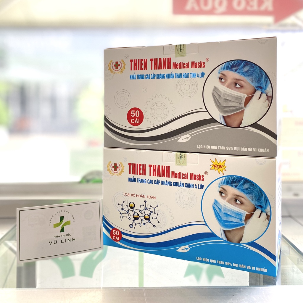 Khẩu trang Thiên Thanh THIEN THANH Medical Masks Hộp 50 cái (màu xanh/màu xám)