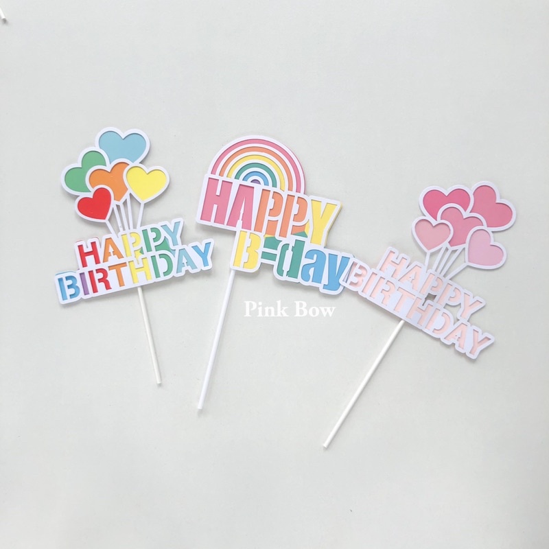 Phụ kiện trang trí bánh sinh nhật Topper giấy HPBD hình Cầu vòng/Tim/Khủng long/Bóng rổ