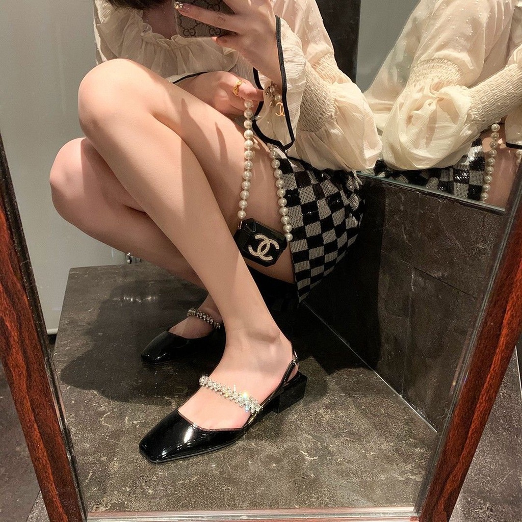 ✧☌[sheii Suii] Giày Xăng Đan Da Mềm Gót Vuông Đính Đá Hở Ngón Kiểu Mary Jane Cho Nữ