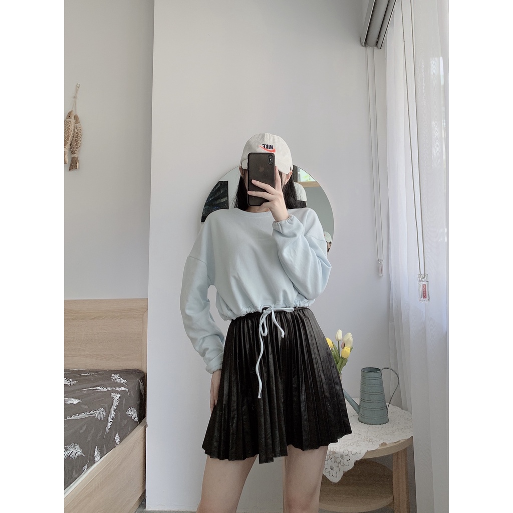 Áo Lissa Croptop Nữ Nỉ Bông Xanh Cyan Dài Tay Trơn Thương Hiệu Amellia