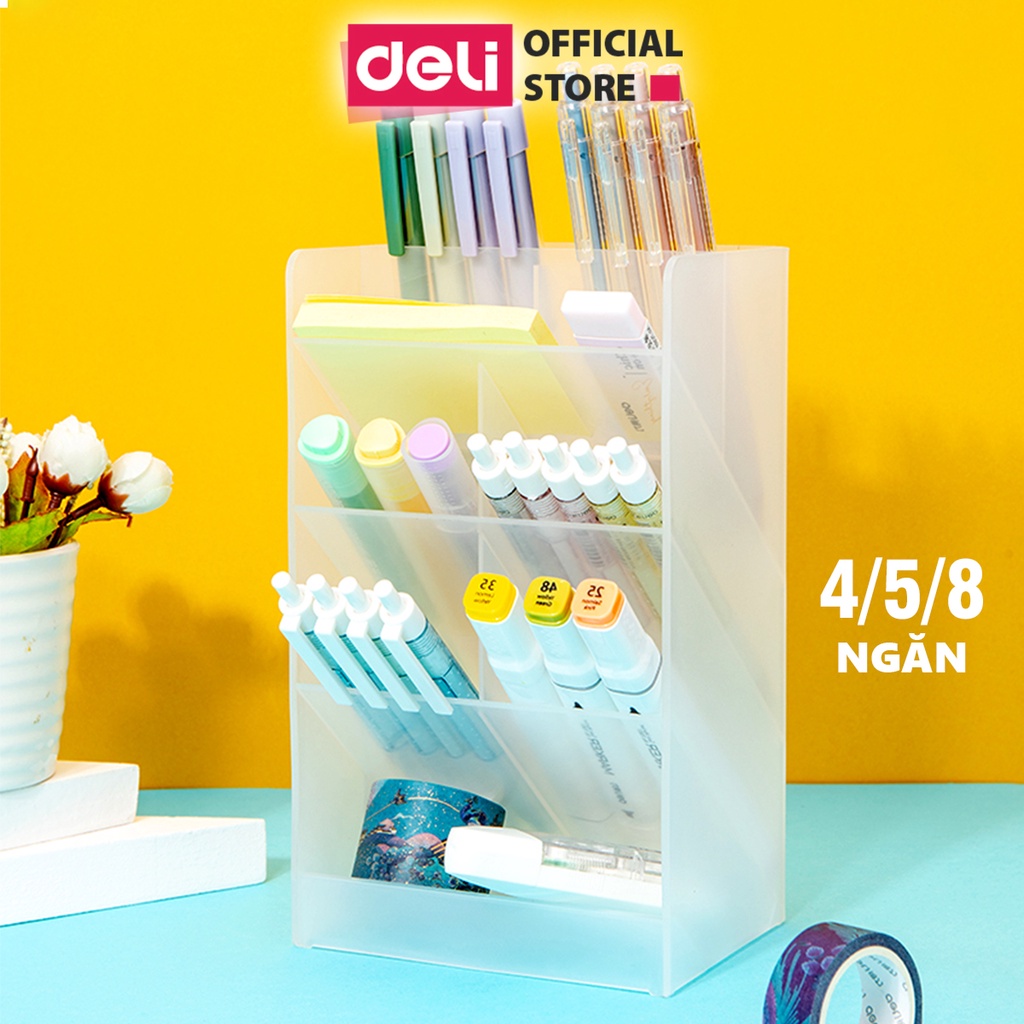 Ống cắm bút, đựng đồ văn phòng, mỹ phẩm Deli - 8 ngăn màu trắng trong - Giúp sắp xếp dụng cụ gọn gàng - 8934/8935/8936