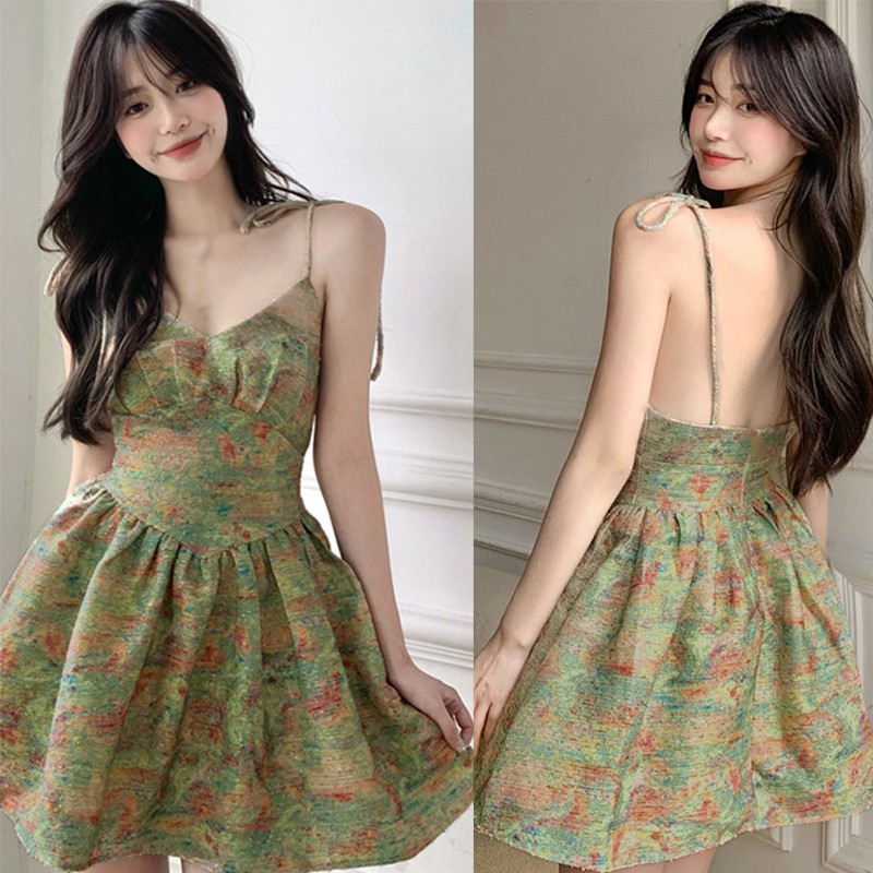 Đầm Hai Dây Ngắn Họa Tiết Tranh Sơn Dầu Ngọt Ngào Cổ Điển Phong Cách Thời Trang Mùa Hè Nữ