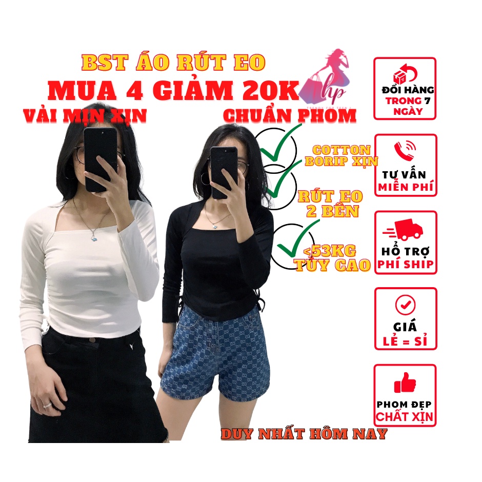 Áo thun nữ rút dây 2 bên đẹp dáng ôm body cổ vuông tay dài màu trắng đen phong cách hàn quốc  thời trang 2021