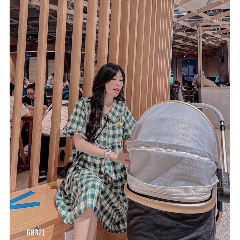 VÁY BABYDOLL KẺ XANH CỔ BÈO THÊU DỨA | BigBuy360 - bigbuy360.vn