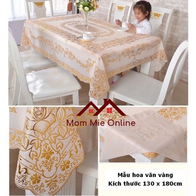 Khăn bàn nhựa hoa văn nổi kích thước  màu vàng và màu bạc bàn 6 ghế