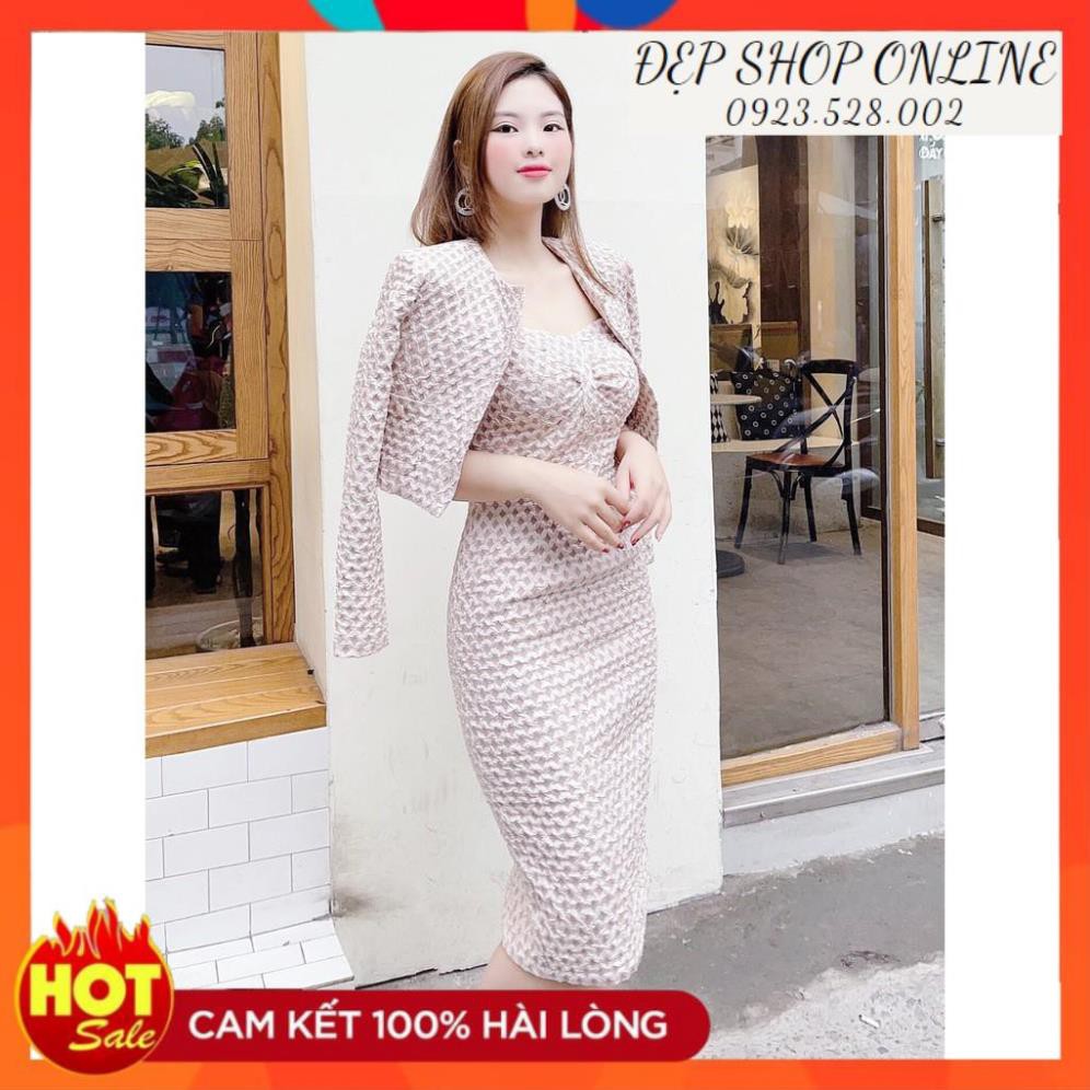 Freeship - Set váy be body áo khoác gấm S1766 - Đẹp Shop DVC (Kèm ảnh thật trải sàn do shop tự chụp)