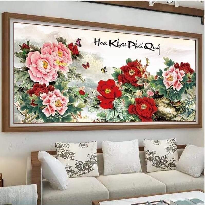 Tranh Đính Đá HOA MẪU ĐƠN HOA KHAI PHÚ QUÝ KT: 1m20 x 60cm