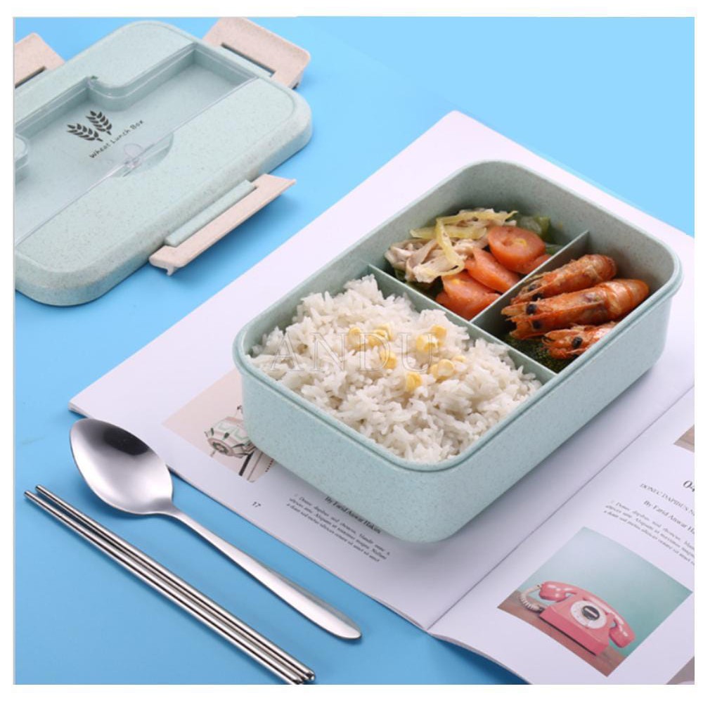 Hộp Đựng Cơm, Hộp Cơm Văn Phòng Lúa Mạch 3 Ngăn Tặng Đũa Cà Thìa Inox Màu Ngẫu Nhiên