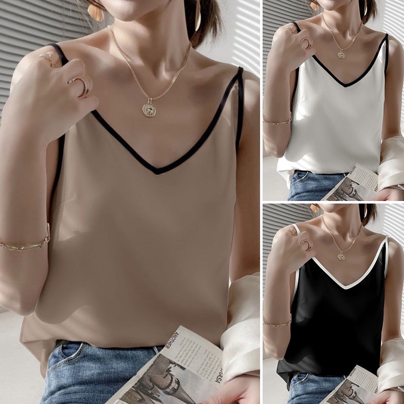 Áo hai dây ZANZEA cổ chữ V vải satin màu tương phản phong cách Hàn Quốc cho nữ