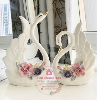 [ẢNH THẬT] Tượng decor đôi thiên nga màu trắng họa tiết hoa hồng quà cưới cao cấp mang ý nghĩa tình yêu vĩnh cửu