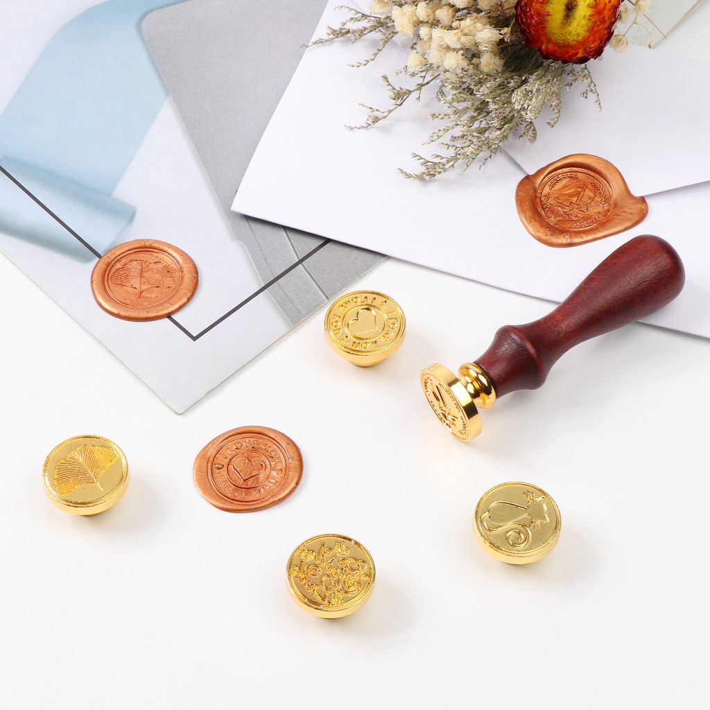 Bộ 7 Con Dấu Niêm Phong Sáp Niêm Phong Trang Trí Tay Cầm Gỗ Mới