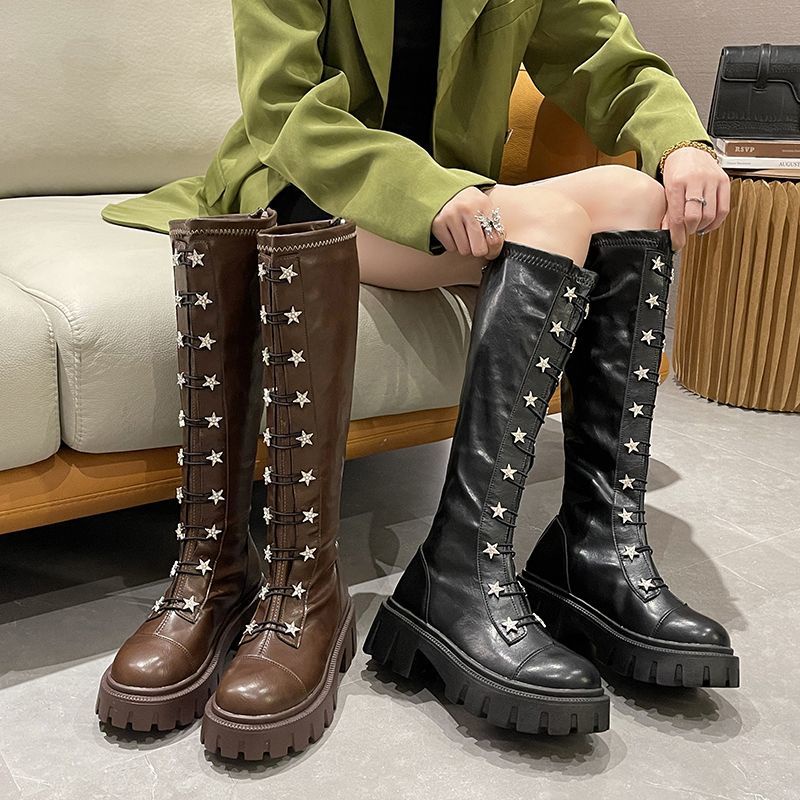 Oeteo Giày Bốt Cổ Cao Đế Dày Khóa Kéo Sau Cá Tính Cho Nữ