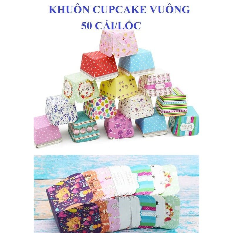 BỘ 50 LY CUPCAKE GIẤY CỨNG HÌNH VUÔNG 6CM